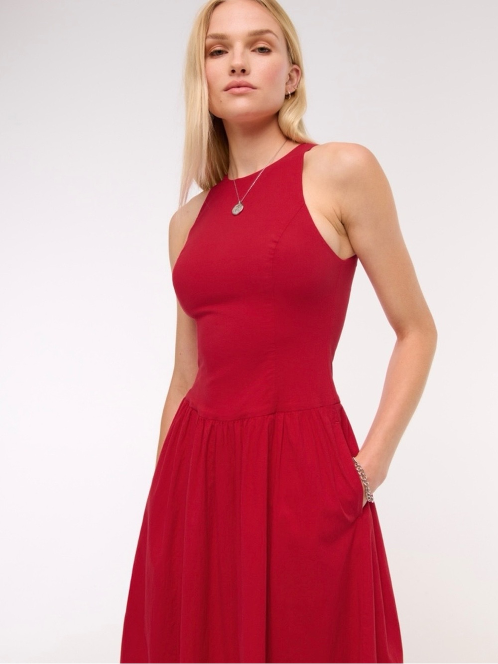 Abercrombie & Fitch Red Sleeveless High Neck Drop Waist Midi Dress in Red
